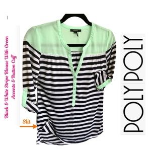 Gently Worn Poly Poly Black, & White Stripe With Light Green Accents
